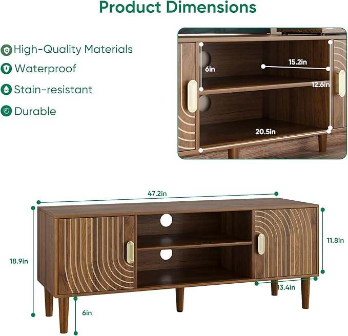 47" TV Stand for TVs up to 55 Inch, Entertainment Center with Storage and Adjustable Shelves, Modern Media Console for Living Room, Walnut