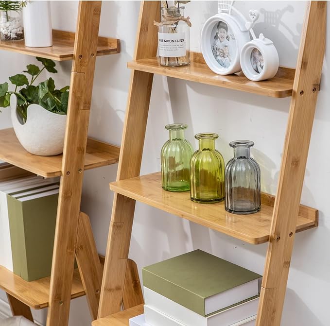 Maydear Bamboo Ladder Shelf Bookcase, 5-Tier Leaning Bookshelf Free Standing Organizer Storage Shelves for Living Room, Bedroom, Kitchen, Home Office, Balcony, Natural Wood