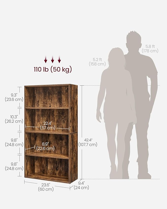 VASAGLE CUSTOS Collection - Bookshelf, 4-Tier Bookcase, Book Shelf, Open Storage Shelf, 9.4 x 23.6 x 42.4 Inches, for Living Room, Home Office, Dinning Room, Rustic Brown ULBC164X01