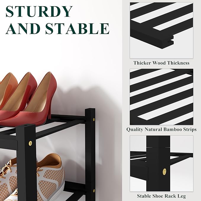 Smiry Shoe Rack, 4 Tier Long Bamboo Shoe Organizer, Stackable Free Standing Wooden Shoe Storage Shelf for Closet, Entryway, Front Door Entrance, Black