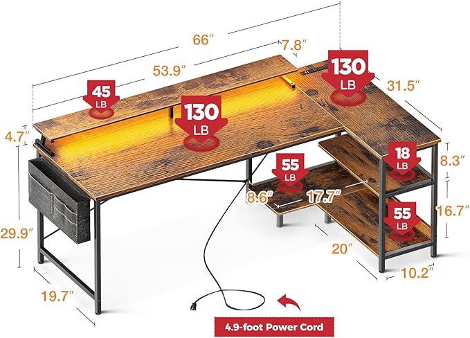 ODK 66 Inch Gaming Desk with USB Charging Ports and LED Lights, Reversible L Shaped Computer Desk with Storage Shelves & Monitor Stand, Home Office Desk Table with Power Outlets, Vintage