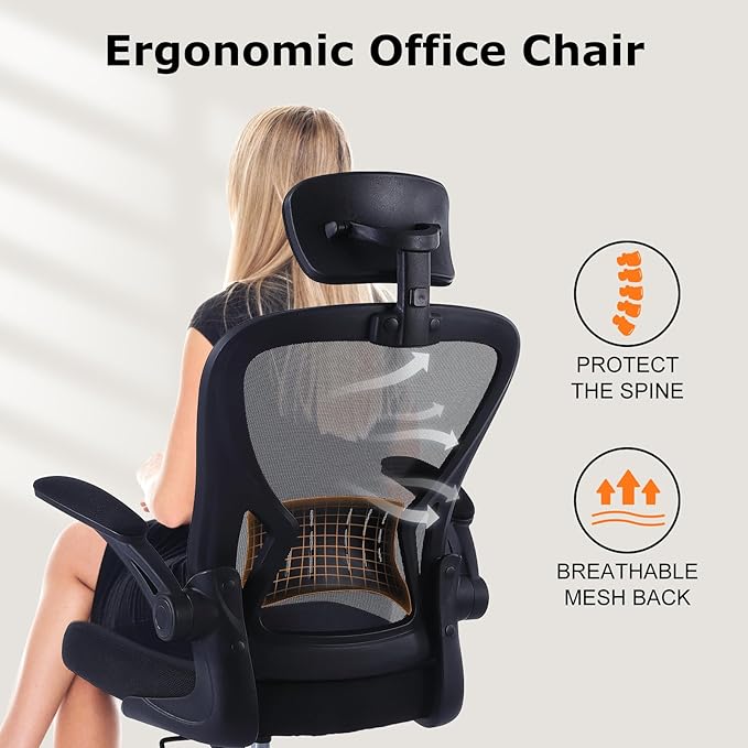 ralex-chair Ergonomic Office Chair with Adjustable Headrest & Lumbar Support, Desk Chair with Flip-Up Armrests, Comfortable for Home, Office, Conference Room