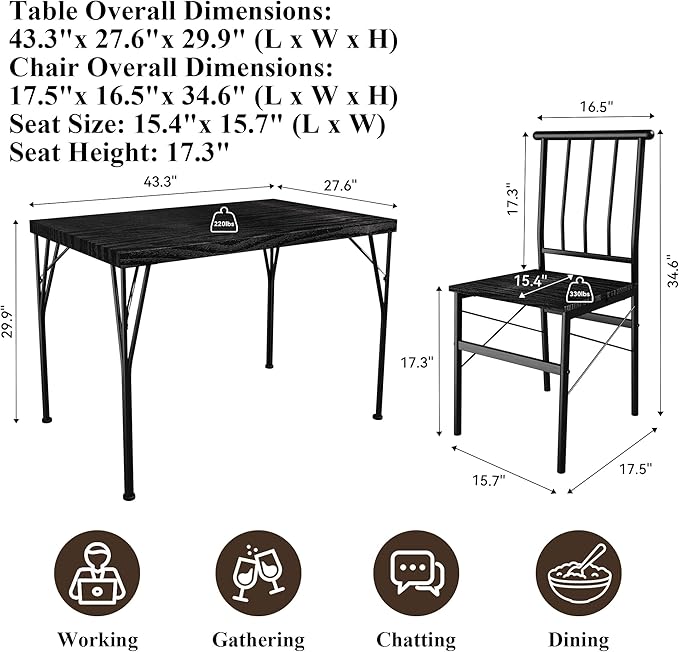 5 Piece Dining Table Set with 1.6" Thick Desktop, Modern Metal&Wood Kitchen Dinner Table with 4 Chairs, Dining Room Table Sets for Small Spaces, Black