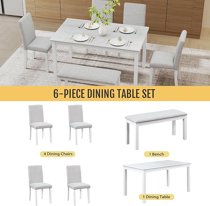 6-Piece Solid Wood Dining Table Set, Including 1 Dining Table, 4 Upholstered Chairs and 1 Bench, Wooden Legs Dining Table Set for Dining Room, Kitchen, Restaurant, White Diamond