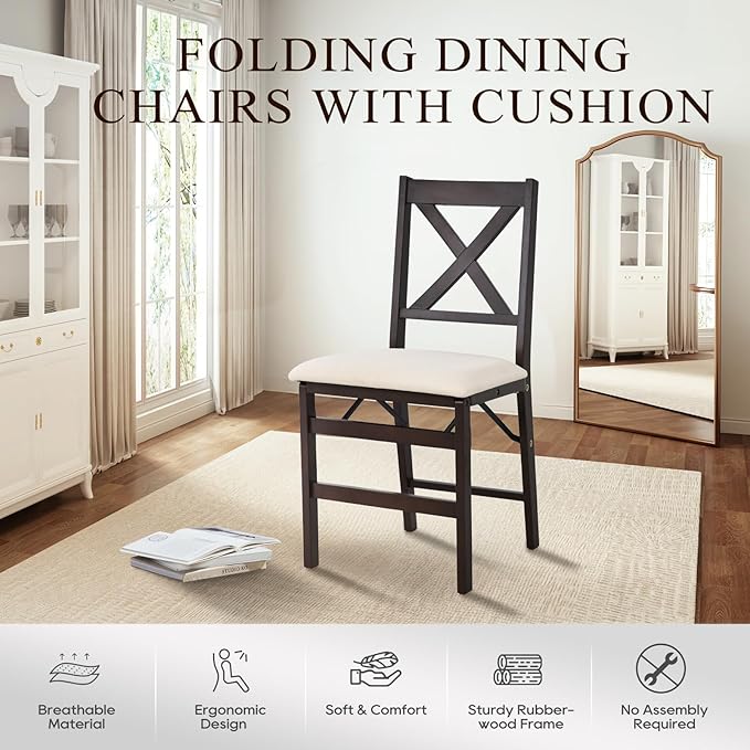COLAMY Folding Dining Chairs Set of 4 – Beige Upholstered Wooden Dining Room Chairs for Kitchen & Small Spaces, Mid Century Modern Design, Space-Saving, No Assembly Required