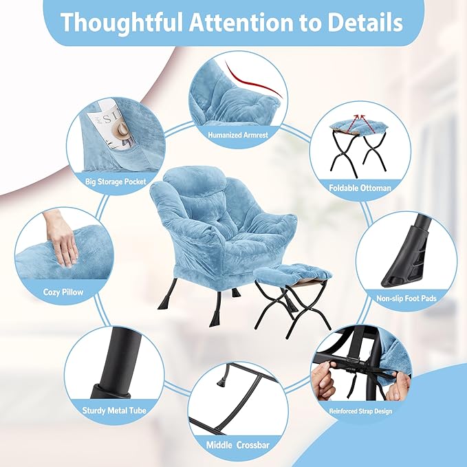 Lazy Chair with Folding Ottoman, Accent Chair Plush Upholstered with Metal Structure and Non-Slip Pads, Sofa Armchair with Footrest and Side Storage Bag for Dorm, Room, Office, Blue