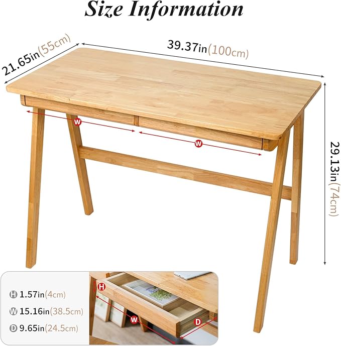 Computer Desk with Drawers, Solid Wood Writing Desk, Mid Century Modern Home Office Desks, Oak Study Table, Small Desk for Bedroom, 29.1 H x 39.4 W x 21.7 D Inches, Natural