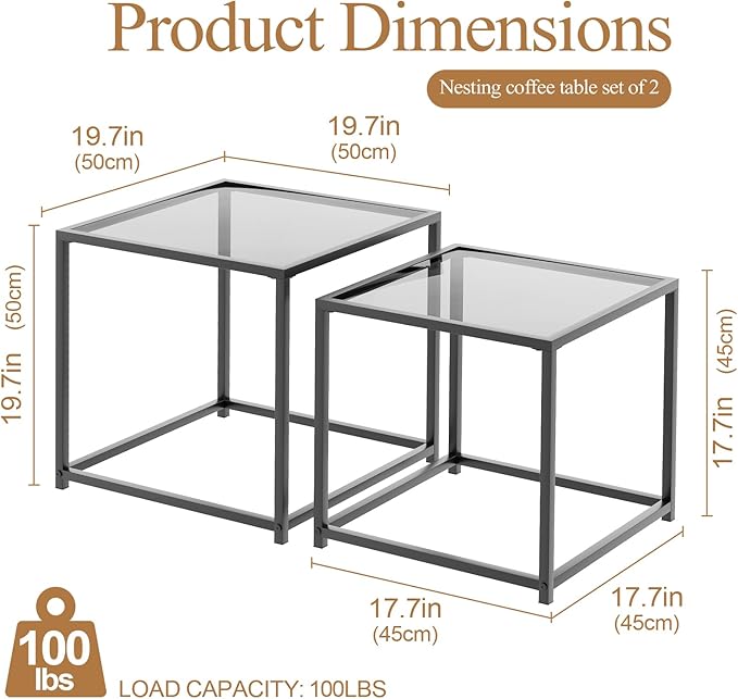 Garden 4 you Coffee Table Set of 2, Modern Glass Nesting Table, Metal Frame Square Center Table Set, Side Tables, Nesting Coffee Table for Living Room, Bedroom and Small Spaces, 19.7in Grey