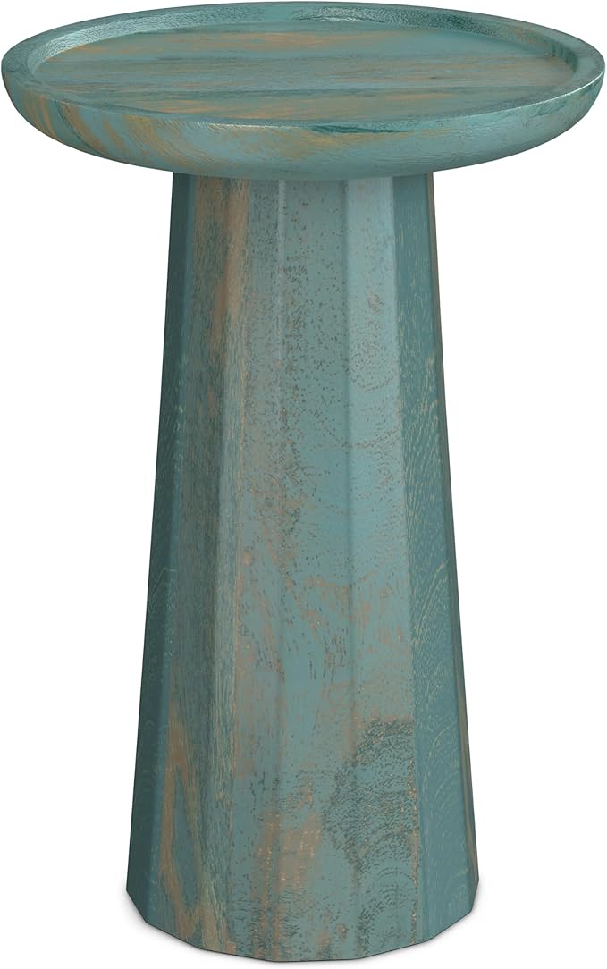SIMPLIHOME Dayton Solid Mango Wood 13 inch Wide Round Contemporary Wooden Accent Table in Teal Wash, Fully Assembled for The Living Room and Bedroom