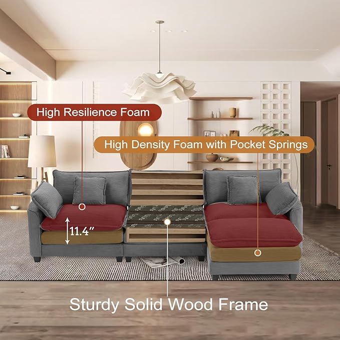 Furniliving 117‘’ L-Shaped Sofa, Luxury Corduroy Modular Sectional Couches with Ottoman, Upholstered Deep Seat Sleeper Sofa with Memory Foam and Waist Pillows, Grey