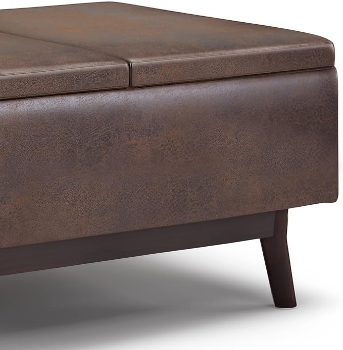 SIMPLIHOME Owen 34 inch Wide Mid Century Modern Rectangle Coffee Table Storage Ottoman Distressed Chestnut Brown/Flip Over Tray top