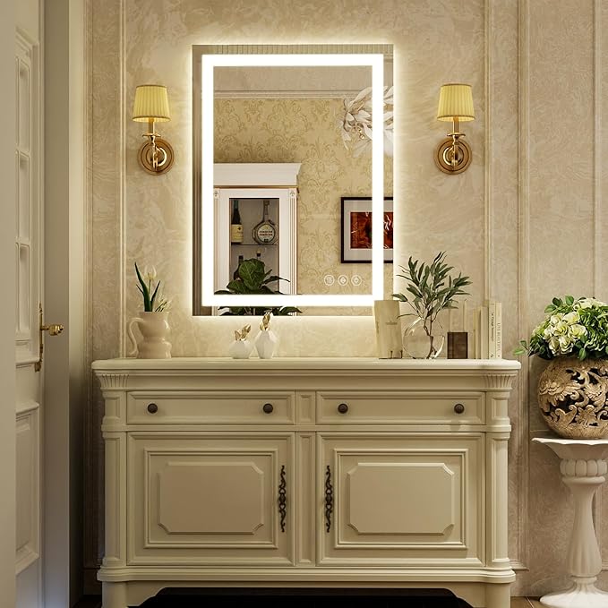 32'' x 24'' LED Bathroom Mirror with Lights, Wall Mirror with Front and Backlight, 3 Colors Vanity Mirror with Lights, Anti-Fog Wall Mirror for Bathroom