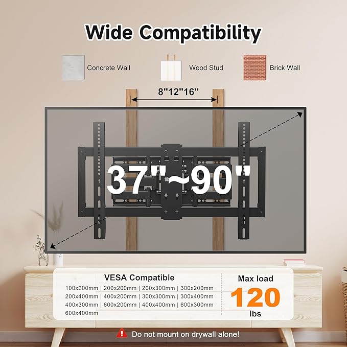 Ultra Slim Full Motion TV Wall Mount for Most 37"-90" Flat/Curved TV, Swivel Tilt Bracket with Articulating 6 Arms, Support 120lbs, Max VESA 600x400mm, Fits 12”/16" Wood Stud, MAUS02