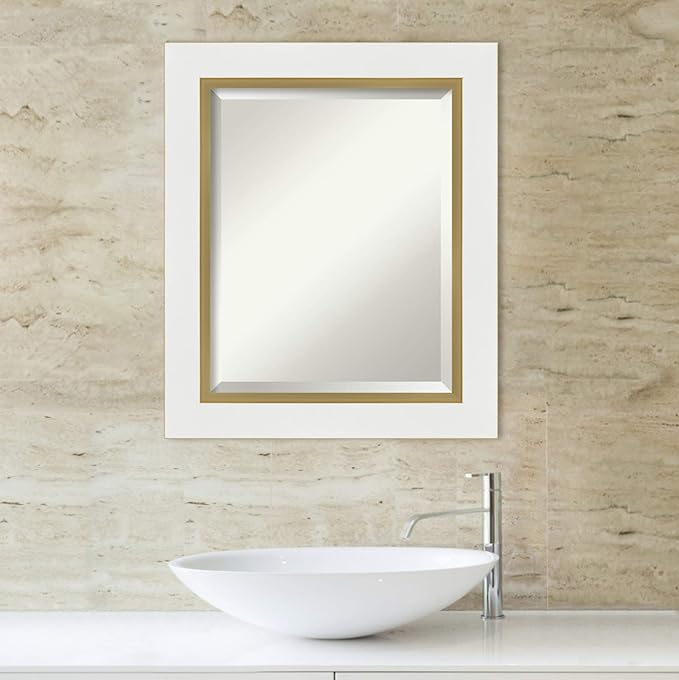 Amanti Art White Bathroom Mirror for Over Sink, 25x21 Eva White Gold Rectangle Vanity Mirror, Small Modern Contemporary Frame, Hangs Horizonally and Vertically, Bathroom Wall Decor, Beveled Edge