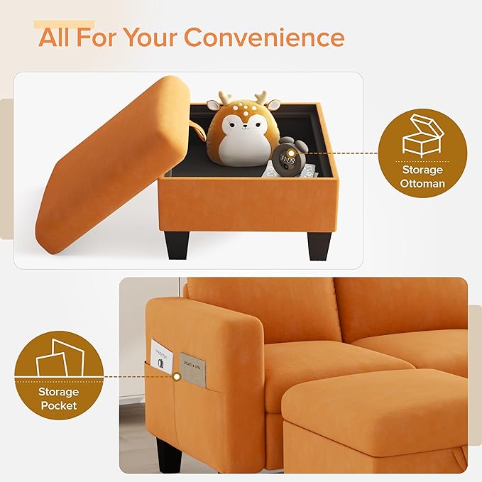 ZeeFu Convertible Sectional Sofa Couch,Classic 3 Seat L-Shaped Sofa Set with Movable Ottoman, Modern Orange Velvet Upholstered Small Sectional Sofa Couch for Small Space Apartment Living Room Office