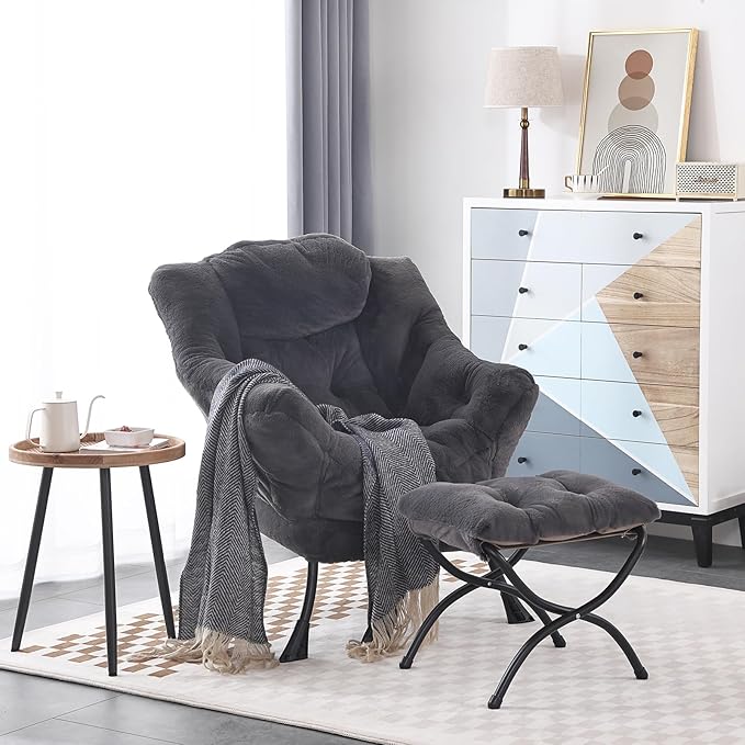 LITA Lazy Chair with Ottoman, Modern Accent Leisure Upholstered Sofa Chair, Lounge Reading Chair with Armrests and a Side Pocket for Living Room, Bedroom & Small Space, Plush Navy