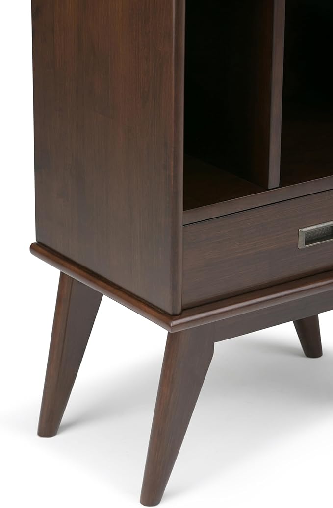 SIMPLIHOME Draper Bookcase - 64 inch Tall Solid Hardwood Storage Bookshelf in Medium Auburn Brown, Mid-Century Modern Storage for Living Room, Study or Office with Adjustable Shelves and Angled Legs