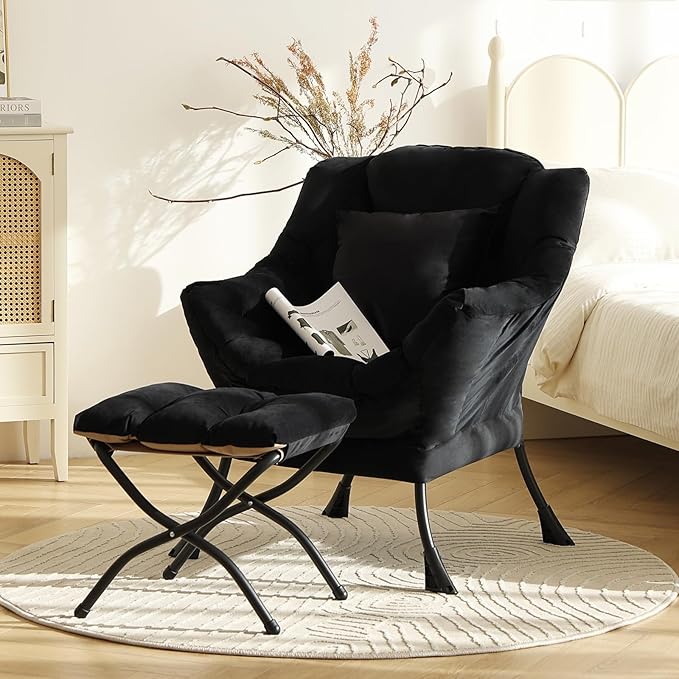 Lazy Chair with Ottoman, Modern Lounge Accent Chair with a Pillow, Leisure Sofa Armchair Set, Reading Chair with Footrest for Living Room, Bedroom, Dorm Room, Office, Velvet Black