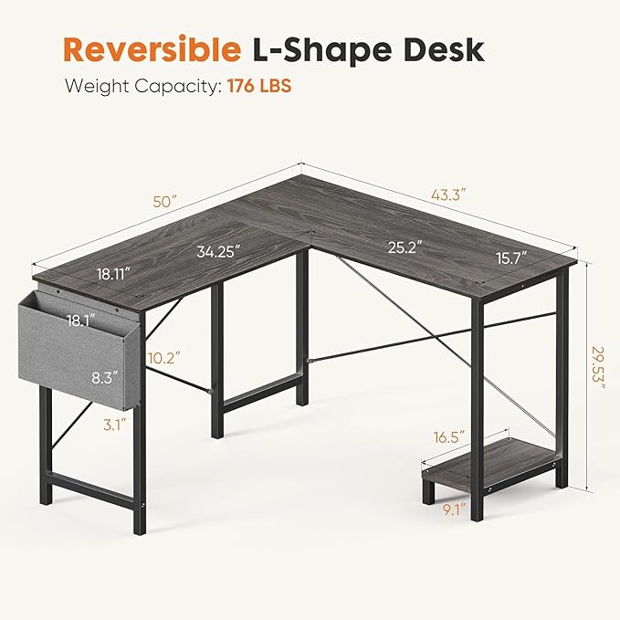 Whitmor L Shaped Gaming Desk - 50 Inch Reversible Corner Computer Desk with Wood Top, Metal Frame, CPU Stand & Side Bag, Home Office Dorm Sturdy Writing Workstation, Grey