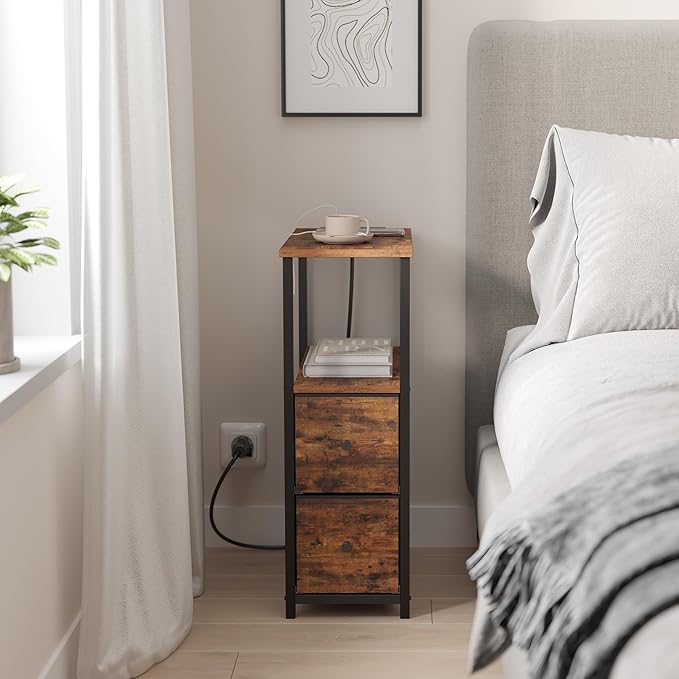 TUTOTAK Small Narrow End Table with Charging Station, Set of 2, Side Table with Outlets, Nightstand with 2 Cloth Drawers, Couch Table, for Living Room, Bedroom, Bedside, Brown TB01BB055