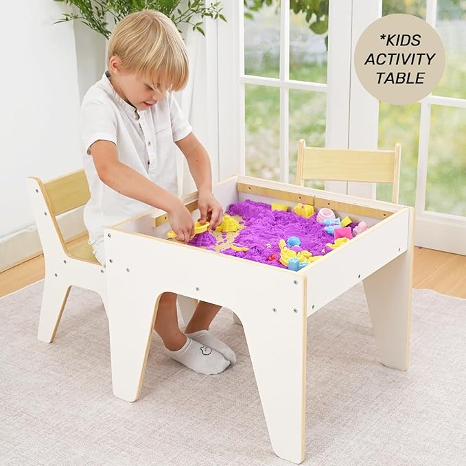 wingyz 4-in-1 Toddler Table and Chairs Set, Kids Play Tables with Storage, Wooden Sensory Tables with Dual-Sided Blocking Baseplate, Baby Activity Table with Chalkboard