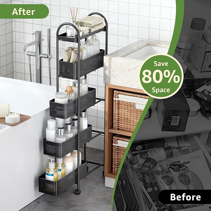 KINGRACK 5-Tier Slim Storage Cart with Pull Out Basket, Rolling Bathroom Organizer Utility, Metal Shelving Unit Slide Out, Lockable Wheels, Easy Assembly for Narrow Place, Kitchen, Laundry Room, Black