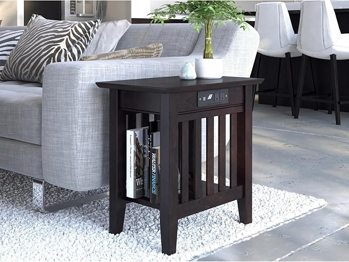 AFI, Mission Chair Side Table with Charging Station, Espresso