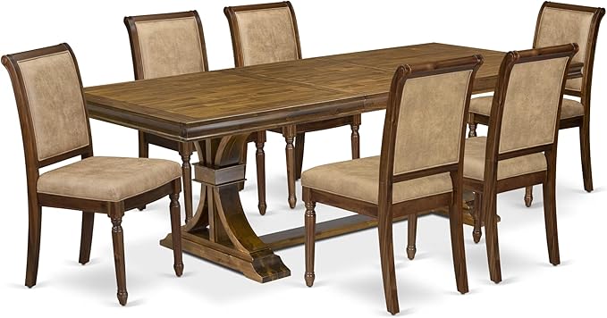 LECY7-AWA-28 7-Piece Dining Table Set Includes a Kitchen Table and 6 Beige Polyester Fabric Dinner Chairs with High Back - Antique Walnut Finish