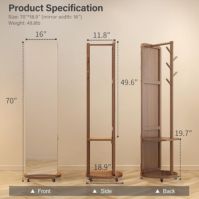 70"x16"Full Length Mirror with Stand,Coat Rack with Mirror,Solid Wood Floor Mirror,Swivel Mirrorfor Bedroom, Living Room, Cloakroom