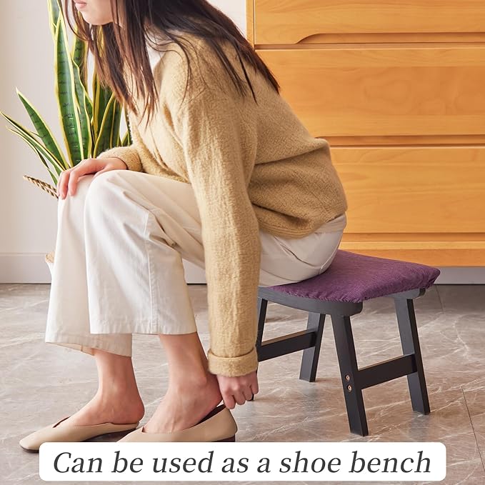 Foot Stool,Ottoman,Bamboo Small Sofa Foot Rest Under Desk,Extra Seating for Living Room, Bedroom and Kitchen (Black Stool Legs - Purple Surface)