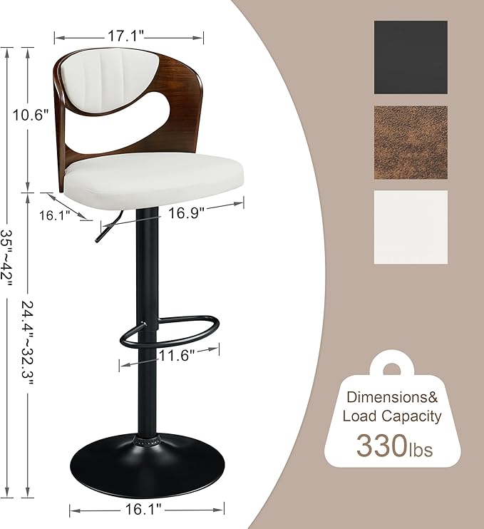 VECELO Bar Stools Set of 2,Kitchen Island Stools with Bentwood Back,Arm&Footrest,Counter Height Stools PU Leather Adjustable Height,Swivel Bar Chairs for Club Pub Dining Room, Ivory White