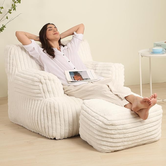 Comfy Gaint Bean Bag Chair with Ottoman, Fluffy Huge Bean Bag Armchair for Adults and Teens, Cream