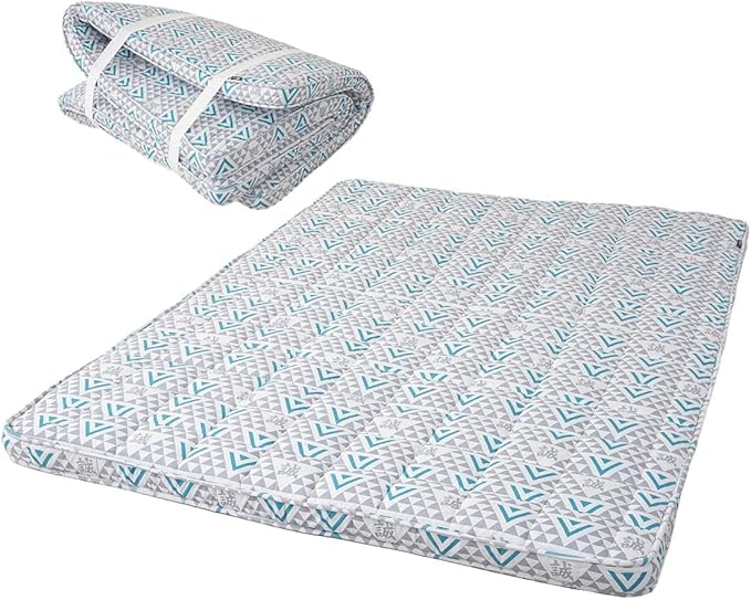 EMOOR Japanese Padded Futon Mattress Machi Queen Triangle-Gray (Shinsengumi Makoto), Gusset Foldable Storable Elastic Bands Floor Sleeping Guest Bed Tatami Mat