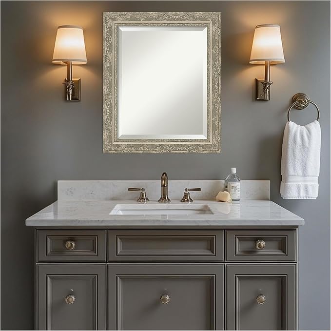 Amanti Art Bathroom Mirror for Over Sink, 25x21 Filigree Silver Rectangle Vanity Mirror, Small Traditional Frame, Hangs Horizonally and Vertically, Bathroom Wall Decor, Beveled Edge