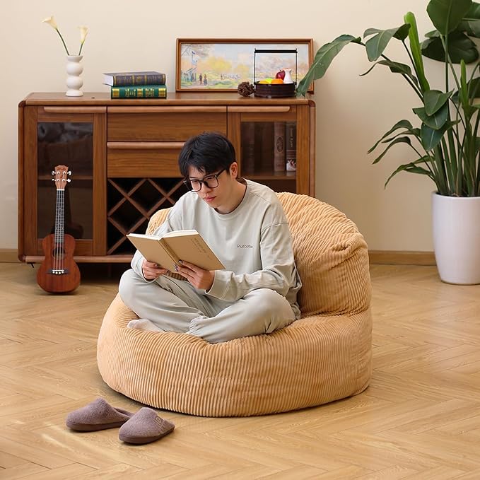 N&V Large Crescent Bean Bag Chair, Adult Size Bean Bag Sack, Foam Filling, Soft Premium Corduroy Bean Bag for Living Room Bedroom Dorm and Office (Beige)
