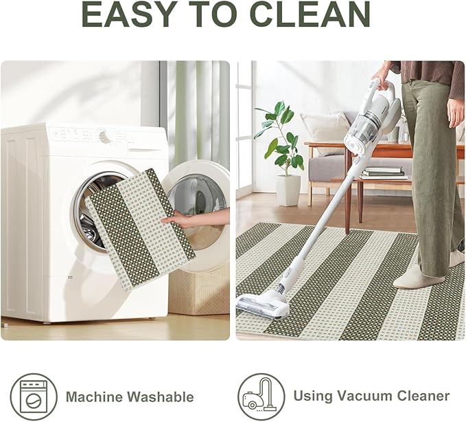 OJIA Outdoor Patio Rug 5'x7', Striped Rug Machine Washable Large Area Rugs Cotton Woven Thin Indoor Outdoor Rugs for Bedroom/Living Room/Front Porch/Deck/Backyard/Camping (Green/White/Tan)