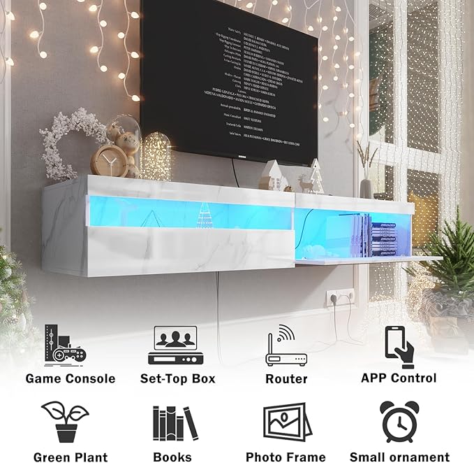 Floating TV Stand with Led Lights, 71 inch Wall Mounted TV Shelf with Power Outlet, Modern Entertainment Center Media Console with Storage Cabinet, Up to 80 Inch TVS, White Slate