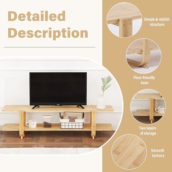 Welnow Bamboo TV Stand for Up to 65 Inch, Mid Century Modern Entertainment Center with 2-Tier Open Shelves, Storage Media Console Table for Living Room, Bedroom, Natural