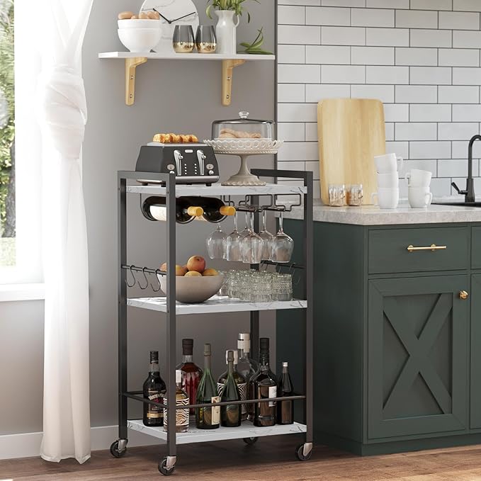 TUTOTAK Bar Cart, Home Bar Serving Cart, Small Wine Cart with 3-Tier Shelf, Beverage cart, Drink Cart with Wine Rack and Glass Holder, Rolling bar carts for Home, Living Room, Marble White BC01BM035