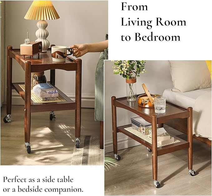 Rattan Side Table with Wheels, Small End Table with Storage, Narrow Wooden Bed Side Table for Living Room, Modern Slim Sofa Nightstand, 23.43" W*12.99" D*19.69" H, (Walnut)