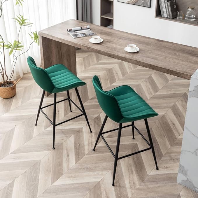 24 Inches Velvet Upholstered Island Stools, Bartools Set of 2, Fabric Counter Stools with Back, Counter Height Bar Chairs with Black Legs for Home Kitchen Island, Green.