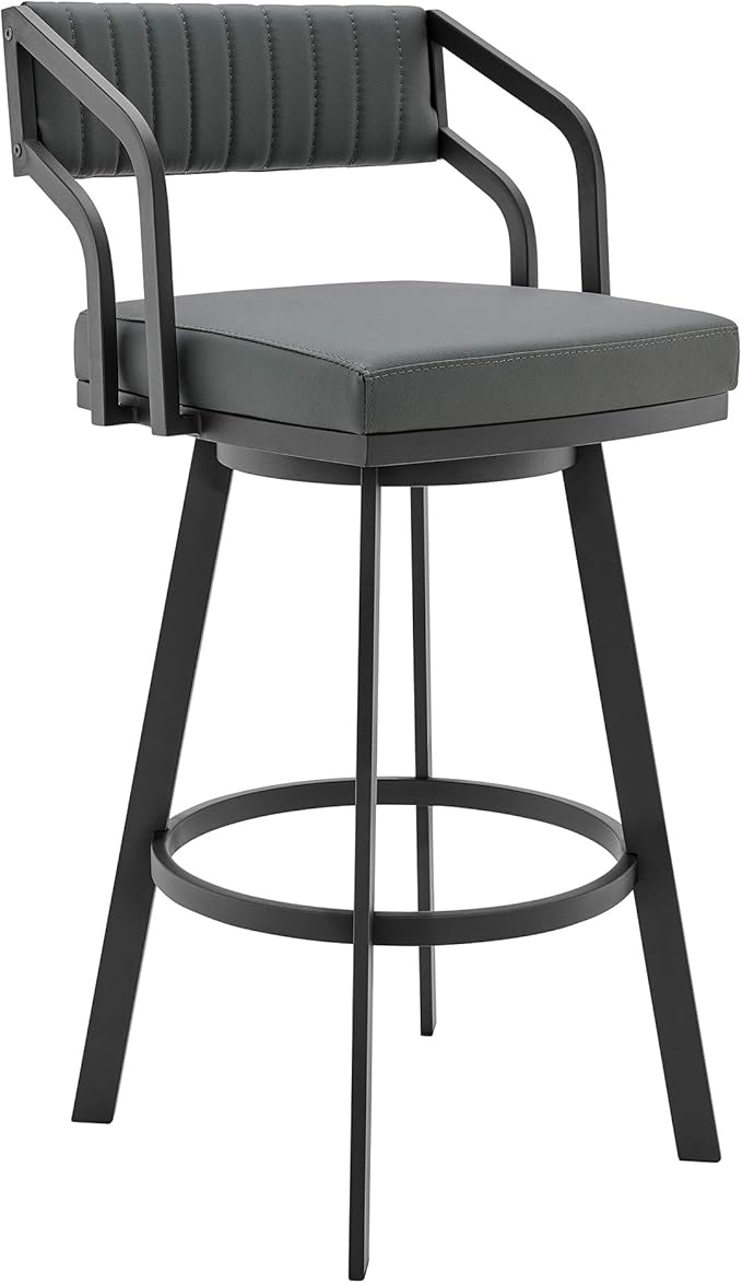 Armen Living Scranton Modern 26" Seat Height Gray Faux Leather and Black Steel Metal Swivel Bar Stool for Kitchen Island Counter