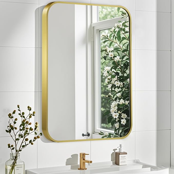 Matte Gold Mirror, 20x28 Inch Brushed Gold Mirror, Aluminum Alloy Framed Vanity Mirror, Rounded Rectangle Bathroom Mirror for Over Sink, Anti-Rust Wall Mirror (Horizontally or Vertically)
