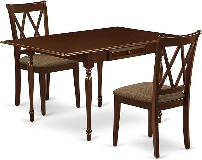 East West Furniture MZCL3-MAH-C 3 Piece Dining Table Set for Small Spaces Contains a Rectangle Dining Room Table with Dropleaf and 2 Linen Fabric Upholstered Chairs, 36x54 Inch, Mahogany