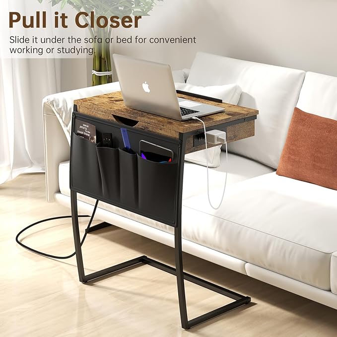 Hadulcet TV Tray Tables, Laptop Stand for Couch, C Shaped End Table with Charging Station, Couch Tables That Slide Under, Bed Desk for Eating, Couch Desk for Laptop, Rustic Brown