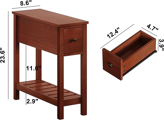 ChooChoo Narrow End Table, Small Side Table for Small Spaces, Slim End Table with Drawer, Narrow Nightstand Bedside Table for Living Room Bedroom, Cherry Brown, 2 Pack