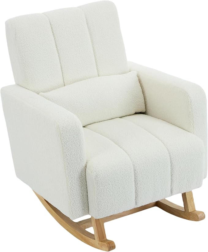 Christopher Knight Home Mapo Wooden Rocking Chair Indoor, Teddy Upholstered Spacious Rocker Chair with Pillow, Comfy Rocking Chair with Armrest for Bedroom, Living Room, Offices, Cream White