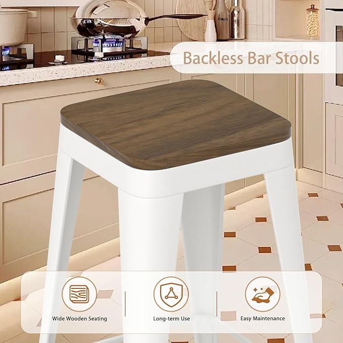 30 inch Backless Bar Stools Set of 4, Indoor Metal Bar Stools with Wood Seat, Industrial Counter Height Barstools for Kitchen Island, White