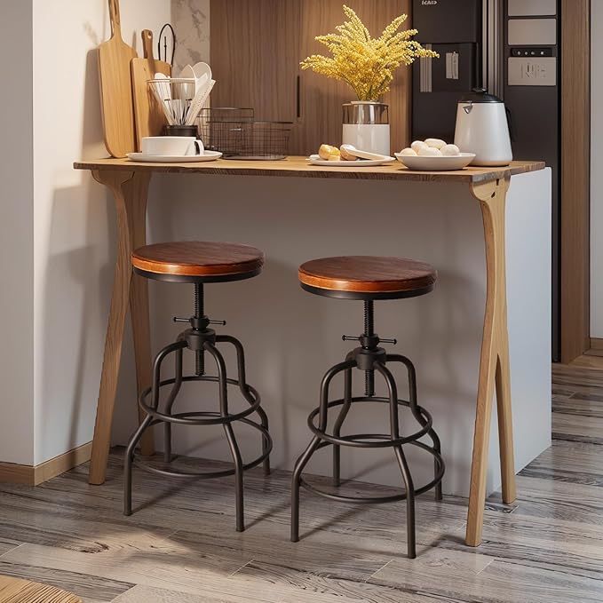 LOKKHAN Vintage Industrial Barstools - 13.8" Dia Round Wooden Brown Seat - Black Metal Base - Adjustable Height: 23.6"-29.5" / Minimalist Design/Raw Rustic Look/Rotating Top Bar Chairs, Set of 2