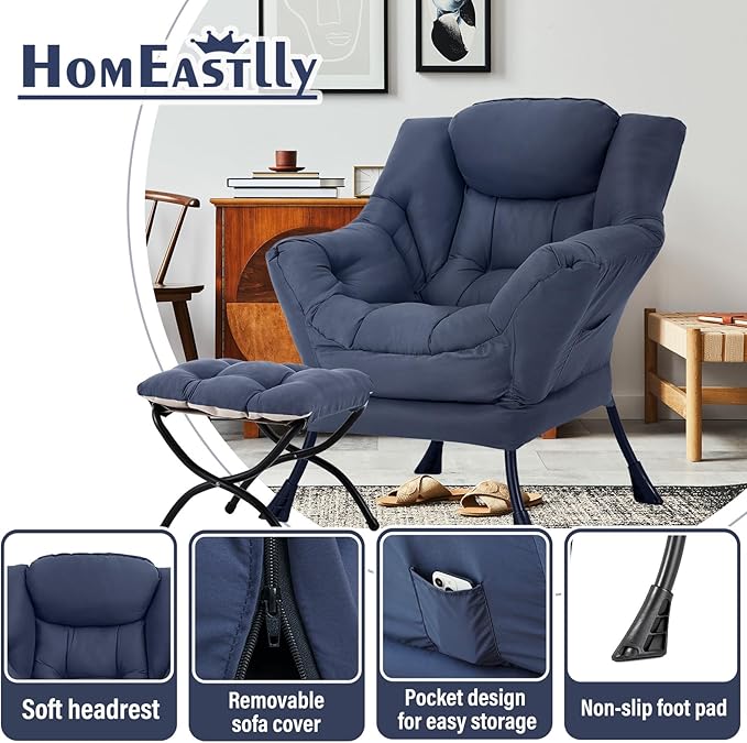 Lazy Chair with Ottoman, Large Modern Lounge Accent Chair with Armrests and Footrest, Reading Armchair with Ottoman, Leisure Sofa Chair for Living Room, Bedroom, Dorm Room, Office (Navy)